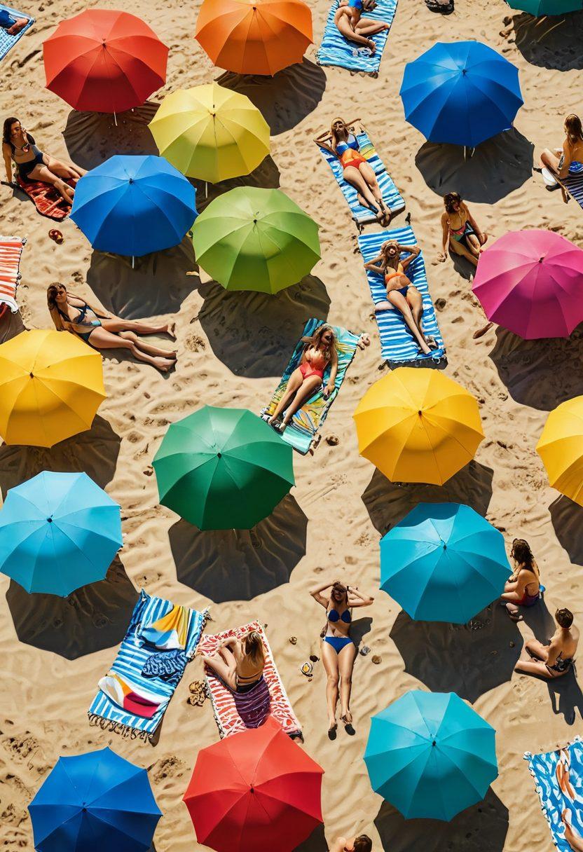 A vibrant beach scene featuring a diverse group of stylish individuals showcasing the latest bikini trends under the bright summer sun. Include colorful umbrellas, beach towels, and playful waves in the background, capturing the essence of a fun summer day by the ocean. Showcase an array of bikini styles from classic to contemporary. colorful, tropical colors. super-realistic. sunny atmosphere.