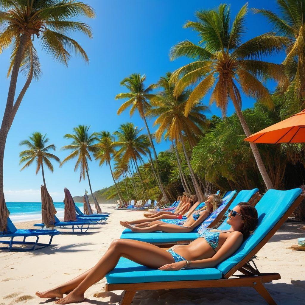 An inviting beach scene with vibrant sunlit colors, showcasing an array of stylish bikinis displayed on sun loungers and hanging between palm trees. Include sparkling blue waves crashing gently in the background, and beachgoers enjoying their day under the sun. Capture the essence of a carefree beach lifestyle. super-realistic. vibrant colors. bright blue sky.