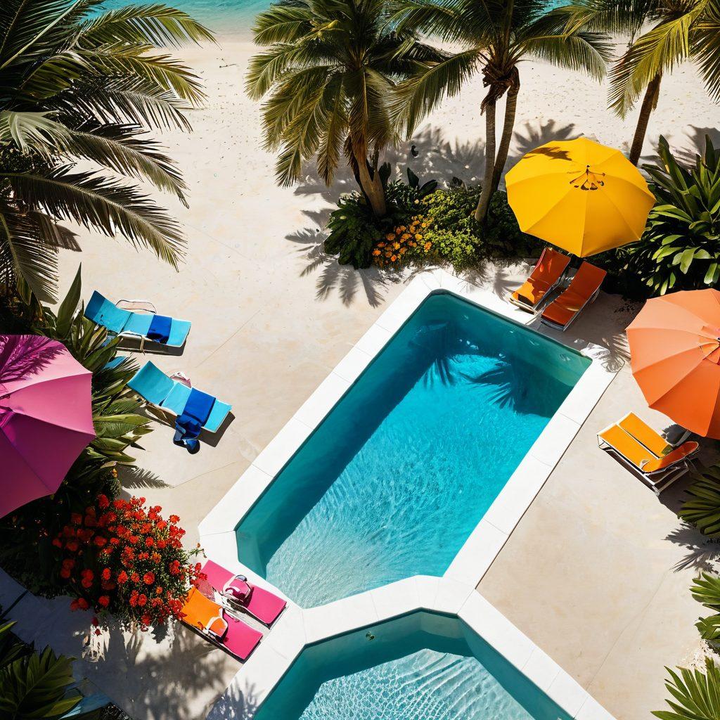 A sun-soaked scene featuring a stylish beachside setup, showcasing a variety of colorful swimwear laid out beside a luxurious pool. Include vibrant sun umbrellas, palm trees swaying in the breeze, and a sparkling ocean in the background. Add a few fashionable accessories like sunglasses and beach hats to enhance the summer vibe. Playful splashes of water and bright summer flowers to create a lively atmosphere. super-realistic. vibrant colors. beach theme.